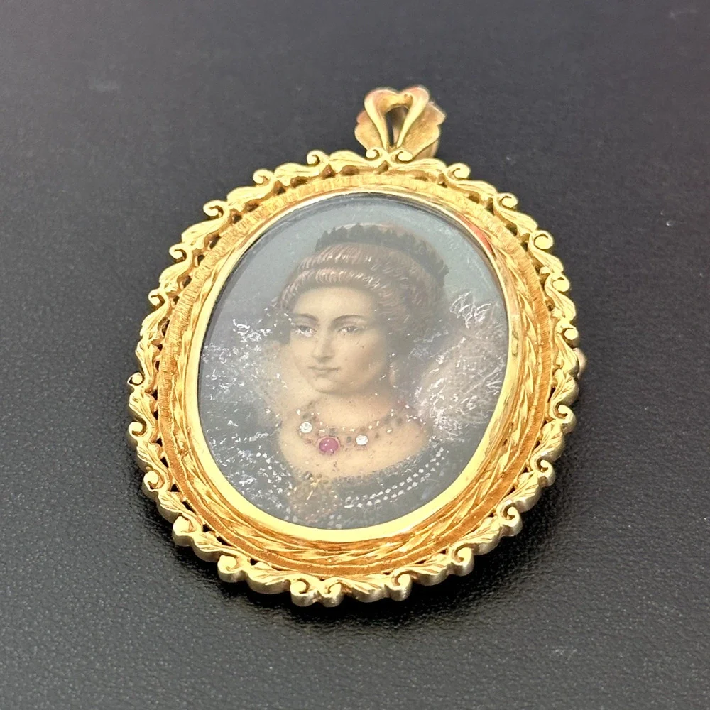18K 750 Yellow Gold Antique Portrait Floral Scroll Framed Woman Pin Pendant